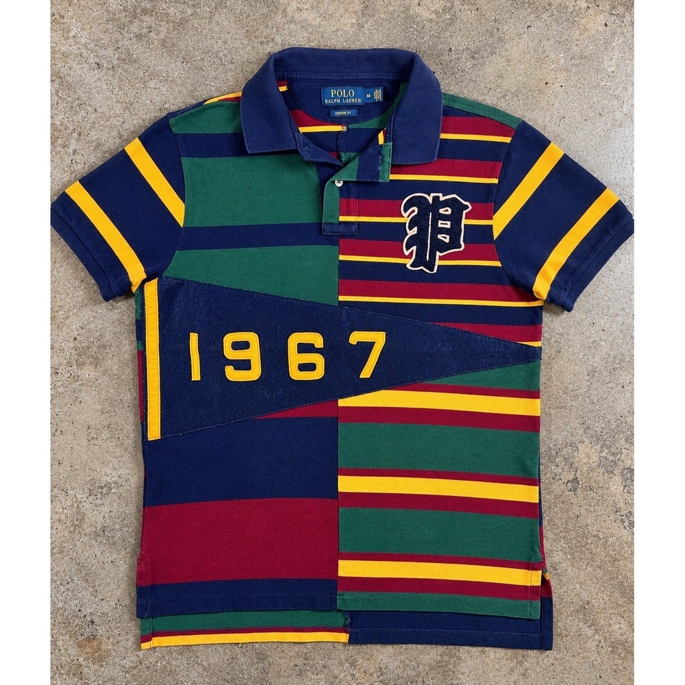 Polo Ralph Lauren Mens Medium 1967 Pennant Patchwork Rugby Polo Shirt Custom Fit